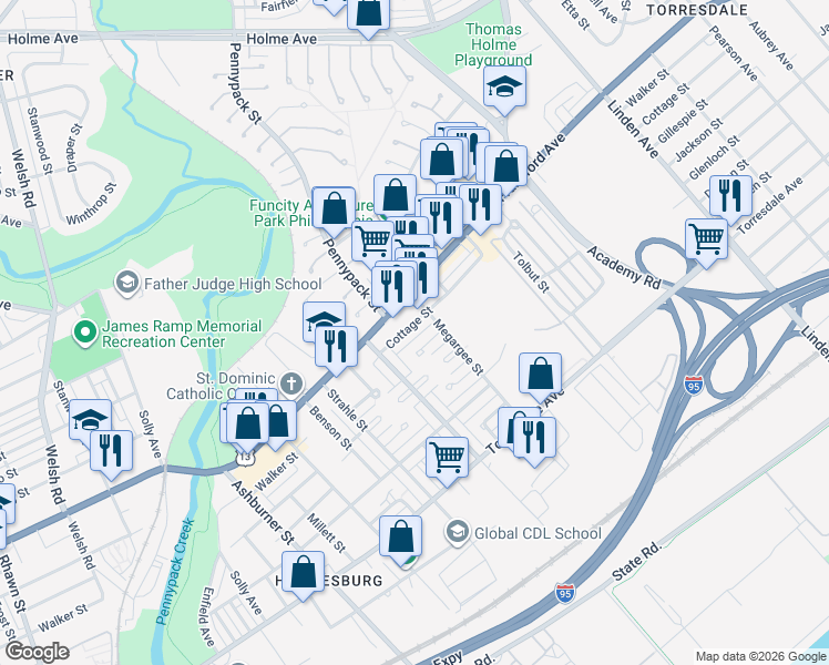 map of restaurants, bars, coffee shops, grocery stores, and more near 8731 Gillespie Street in Philadelphia
