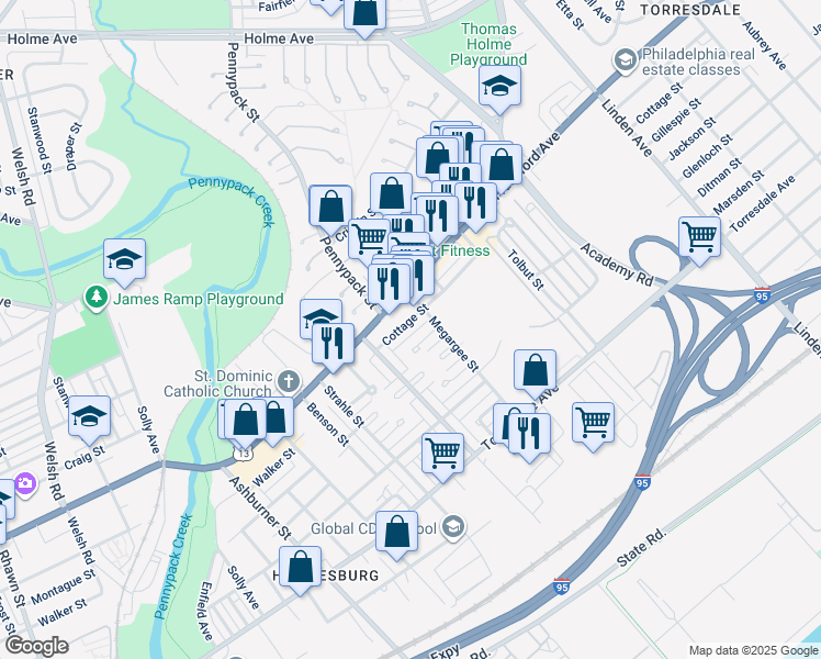 map of restaurants, bars, coffee shops, grocery stores, and more near 8745 Cottage Street in Philadelphia