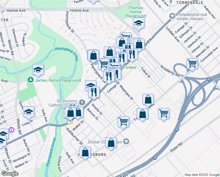 map of restaurants, bars, coffee shops, grocery stores, and more near 4420 Pennypack Street in Philadelphia