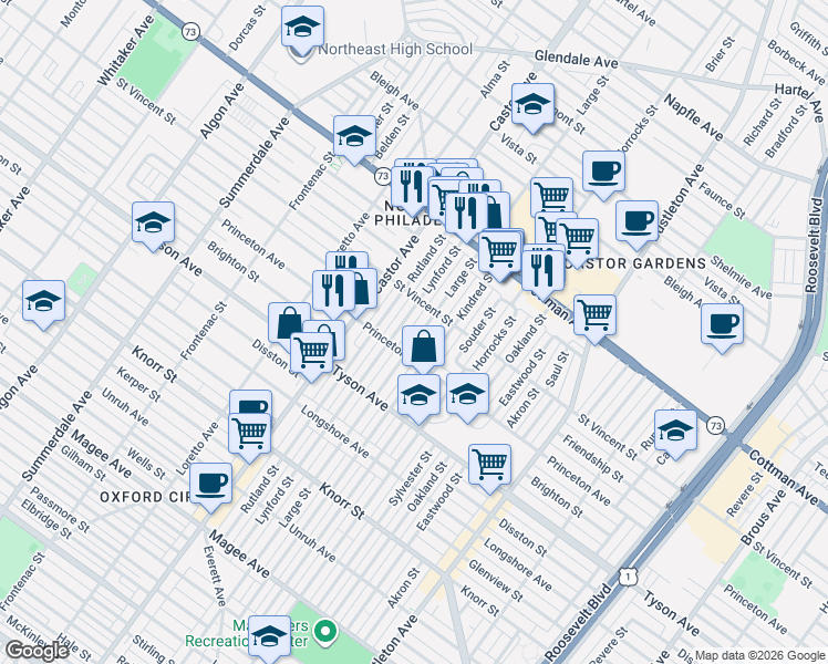 map of restaurants, bars, coffee shops, grocery stores, and more near 7054 Large Street in Philadelphia