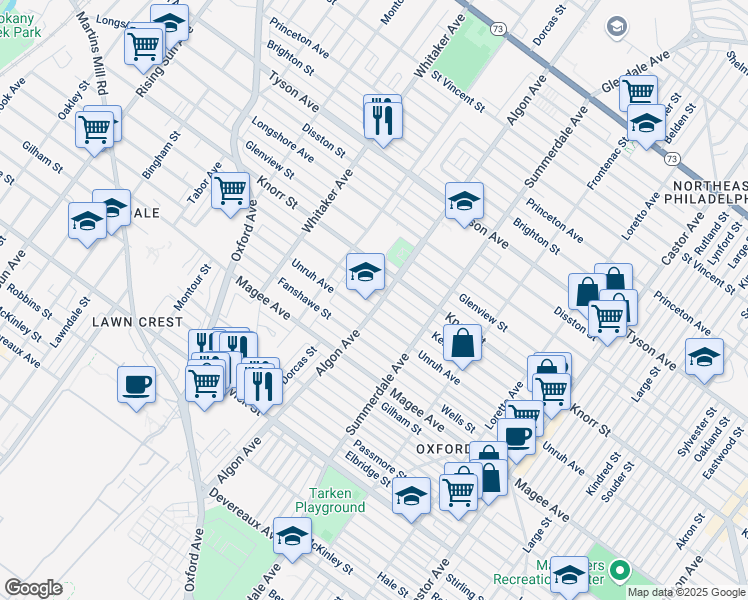 map of restaurants, bars, coffee shops, grocery stores, and more near 1100 Unruh Avenue in Philadelphia