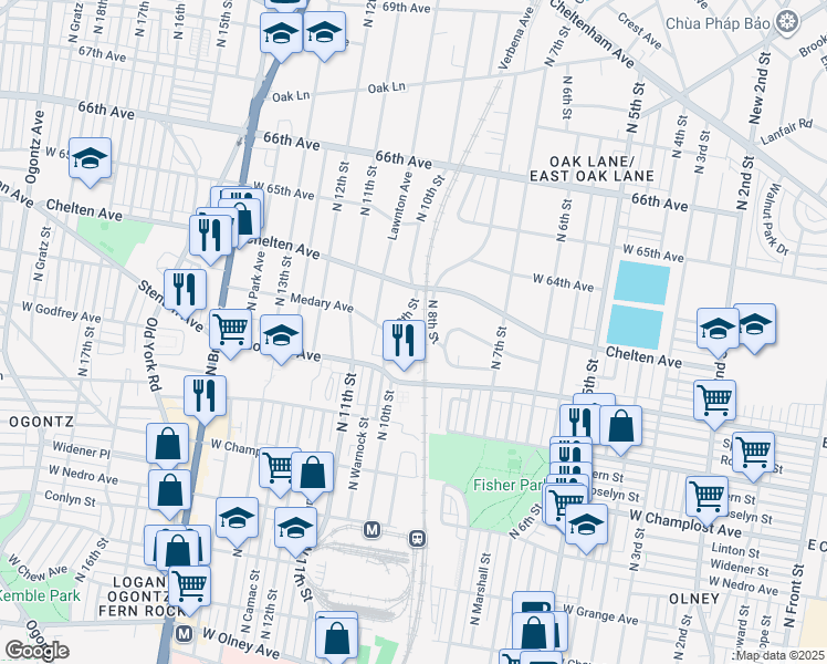 map of restaurants, bars, coffee shops, grocery stores, and more near 6201 North 10th Street in Philadelphia