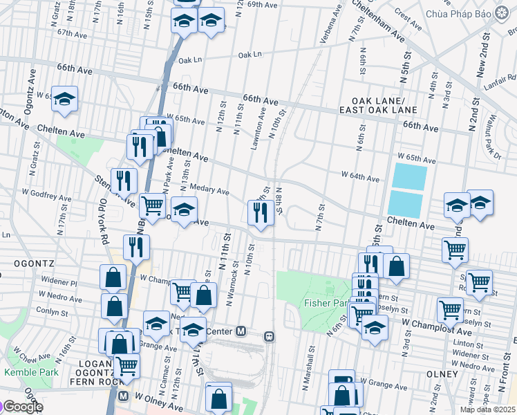 map of restaurants, bars, coffee shops, grocery stores, and more near 6201 North 10th Street in Philadelphia