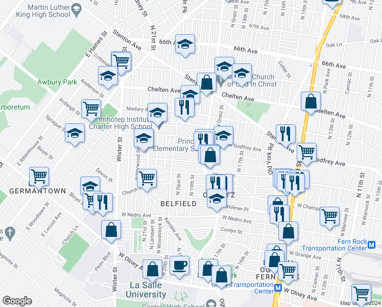 map of restaurants, bars, coffee shops, grocery stores, and more near 6026 Ogontz Avenue in Philadelphia
