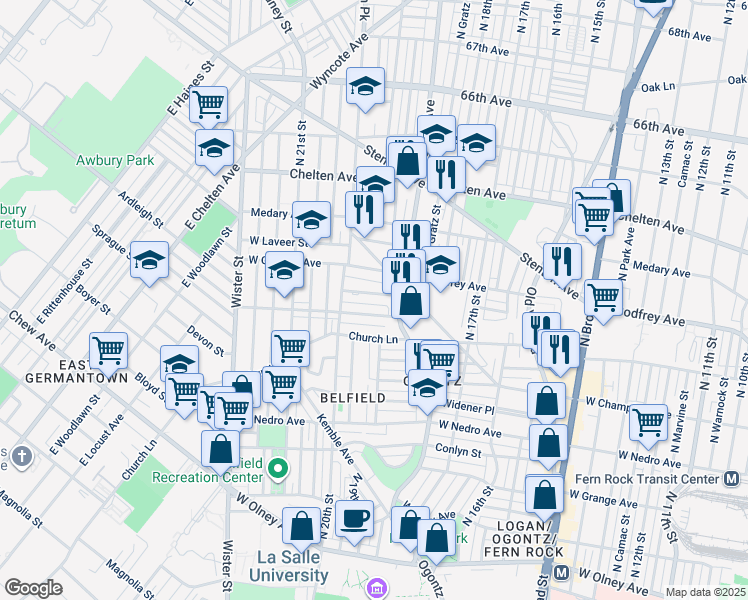 map of restaurants, bars, coffee shops, grocery stores, and more near 1932 West Sparks Street in Philadelphia