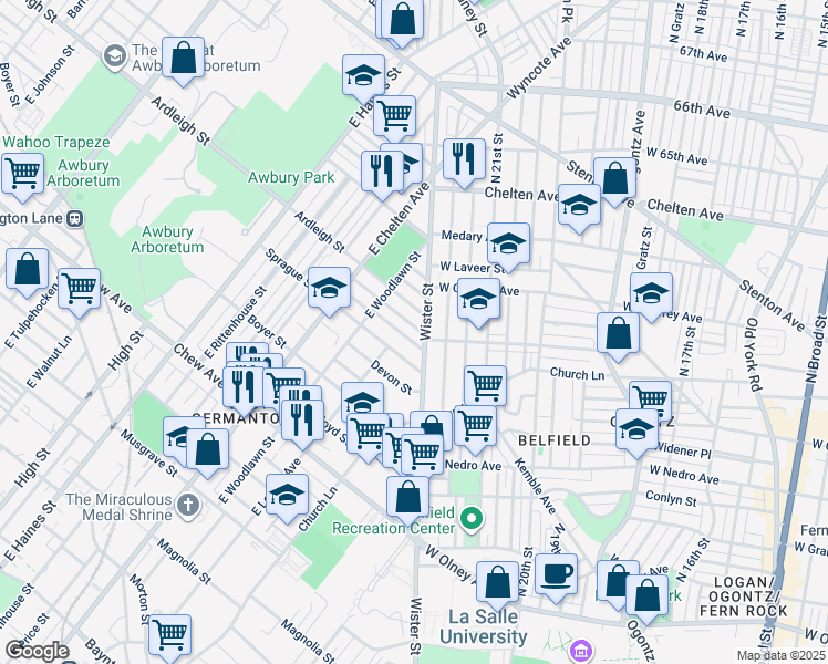 map of restaurants, bars, coffee shops, grocery stores, and more near 5523 Sprague Street in Philadelphia