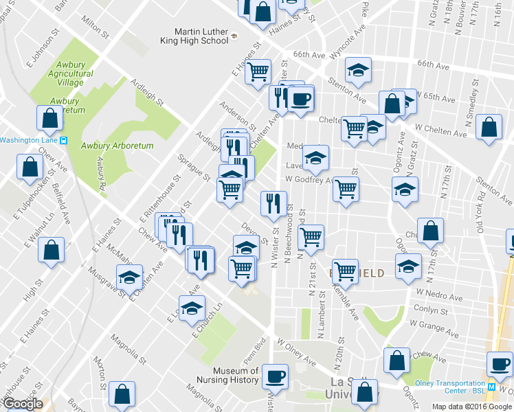 map of restaurants, bars, coffee shops, grocery stores, and more near 5523 Sprague Street in Philadelphia