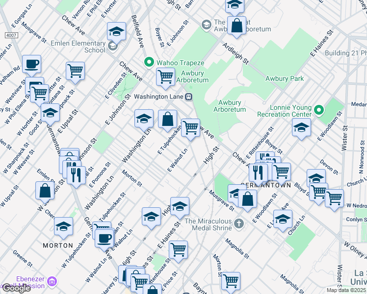 map of restaurants, bars, coffee shops, grocery stores, and more near 447 East Walnut Lane in Philadelphia