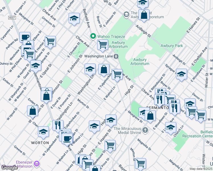 map of restaurants, bars, coffee shops, grocery stores, and more near 447 East Walnut Lane in Philadelphia
