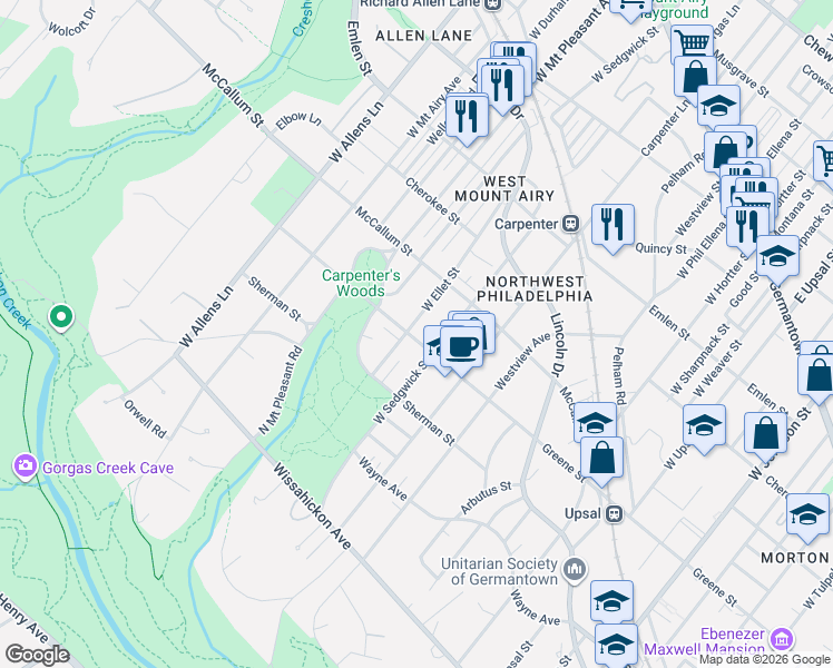 map of restaurants, bars, coffee shops, grocery stores, and more near 624 West Ellet Street in Philadelphia