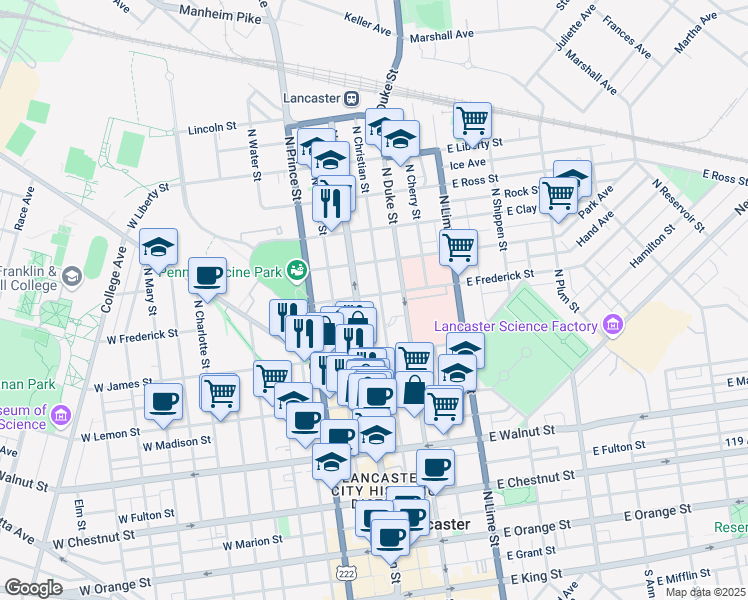 map of restaurants, bars, coffee shops, grocery stores, and more near 530 North Queen Street in Lancaster
