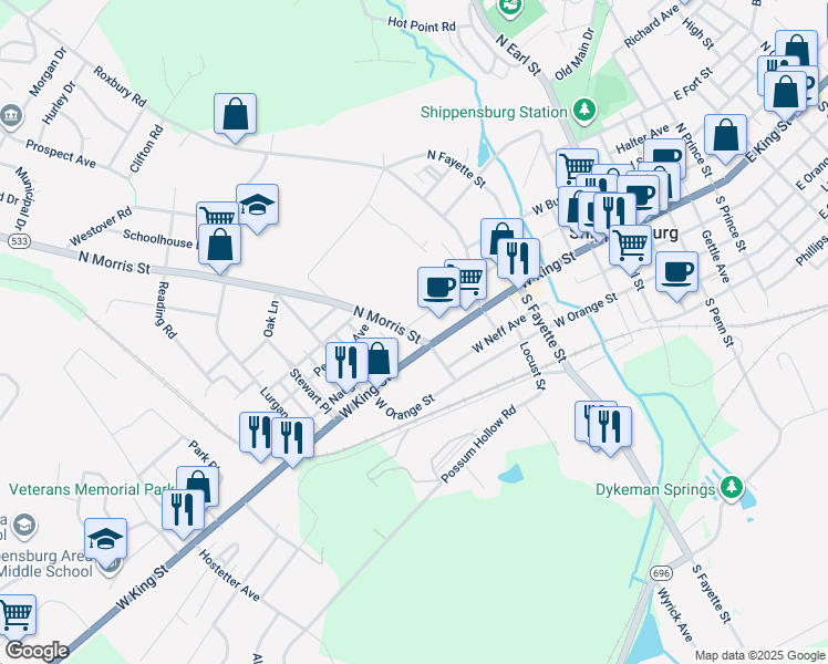 map of restaurants, bars, coffee shops, grocery stores, and more near 11 North Morris Street in Shippensburg