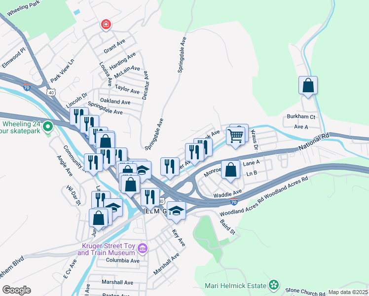 map of restaurants, bars, coffee shops, grocery stores, and more near Ln A in Wheeling