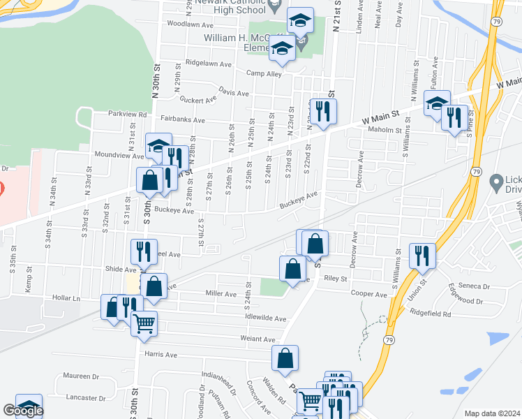 map of restaurants, bars, coffee shops, grocery stores, and more near 923 Buckeye Avenue in Newark