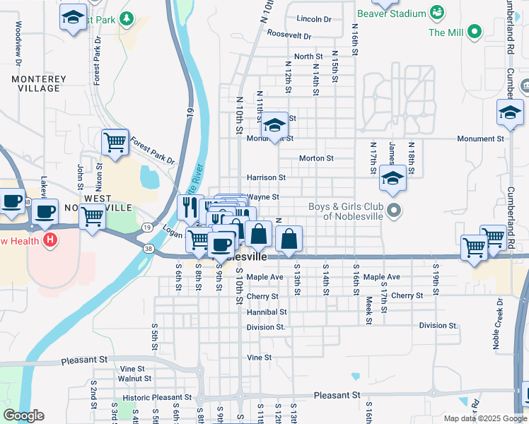 map of restaurants, bars, coffee shops, grocery stores, and more near 1194 Logan Street in Noblesville