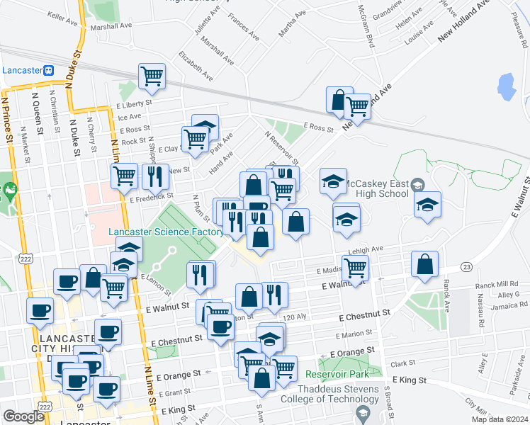 map of restaurants, bars, coffee shops, grocery stores, and more near 550 New Holland Avenue in Lancaster