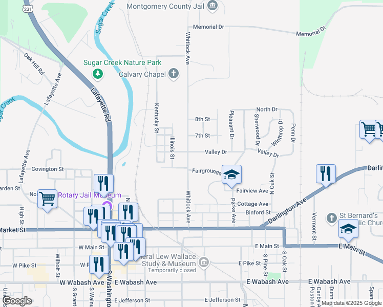 map of restaurants, bars, coffee shops, grocery stores, and more near 503 Whitlock Avenue in Crawfordsville