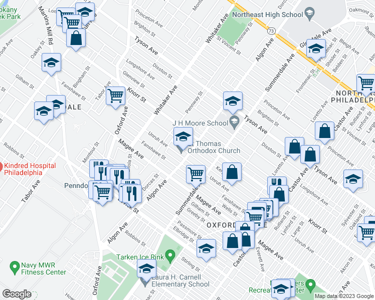 map of restaurants, bars, coffee shops, grocery stores, and more near 1100 Unruh Avenue in Philadelphia