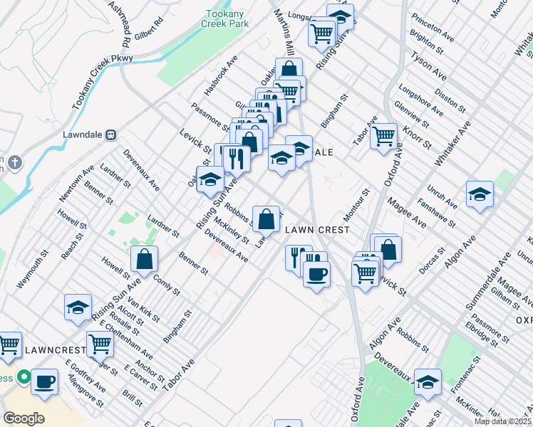 map of restaurants, bars, coffee shops, grocery stores, and more near 6321 Bingham Street in Philadelphia