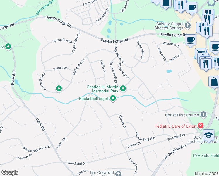 map of restaurants, bars, coffee shops, grocery stores, and more near 636 Herrs Lane in Downingtown