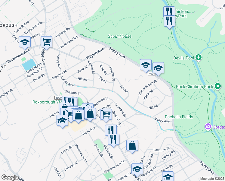 map of restaurants, bars, coffee shops, grocery stores, and more near Valley Ave & Hagner St in Philadelphia