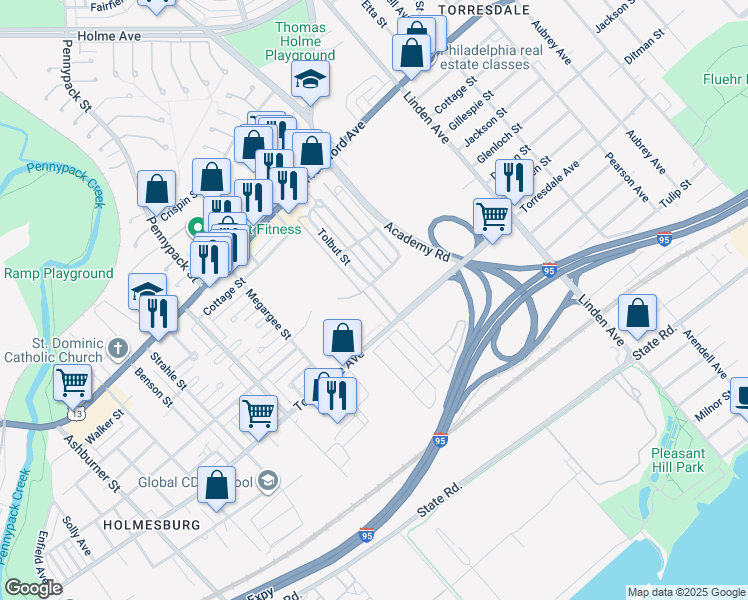 map of restaurants, bars, coffee shops, grocery stores, and more near 4614 Tolbut Street in Philadelphia