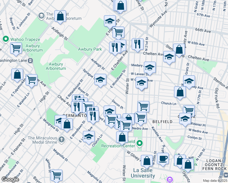 map of restaurants, bars, coffee shops, grocery stores, and more near 5619 Sprague Street in Philadelphia