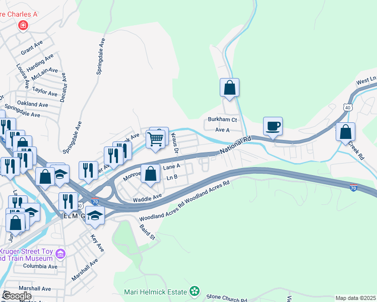map of restaurants, bars, coffee shops, grocery stores, and more near 2510 Lincoln Avenue in Wheeling
