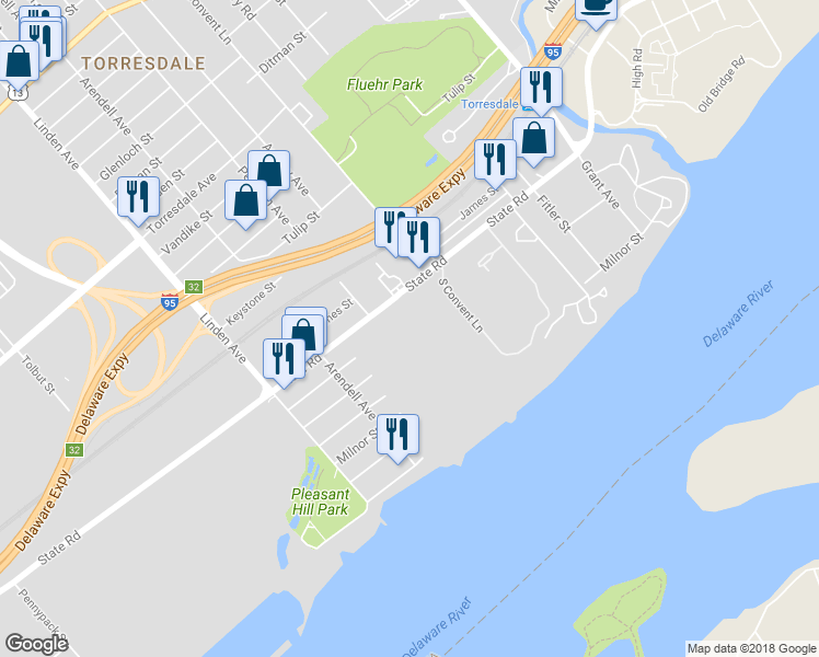 map of restaurants, bars, coffee shops, grocery stores, and more near 59103 Delaire Landing Road in Philadelphia
