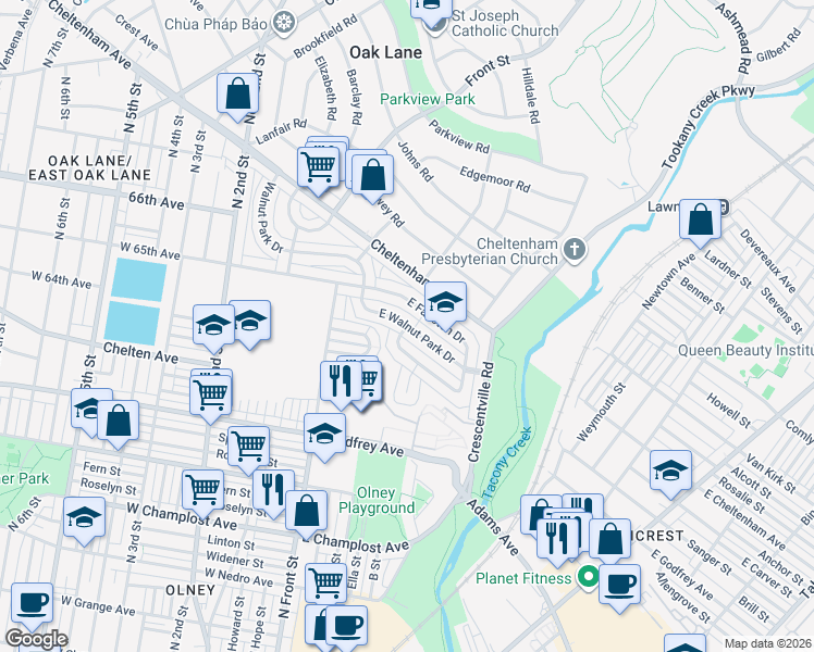 map of restaurants, bars, coffee shops, grocery stores, and more near E Walnut Park Dr & E Claremont Rd in Philadelphia