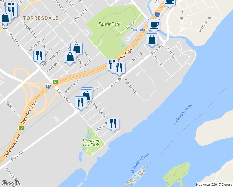 map of restaurants, bars, coffee shops, grocery stores, and more near 43101 Delaire Landing Road in Philadelphia