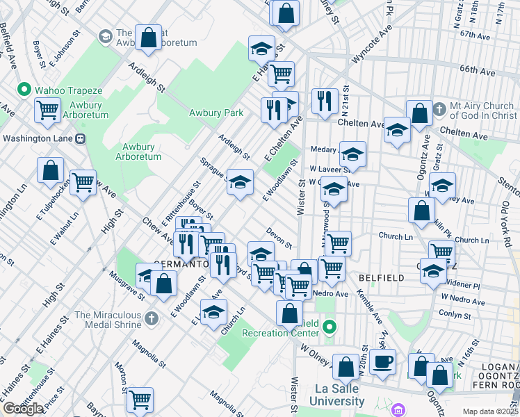 map of restaurants, bars, coffee shops, grocery stores, and more near 5634 Sprague Street in Philadelphia
