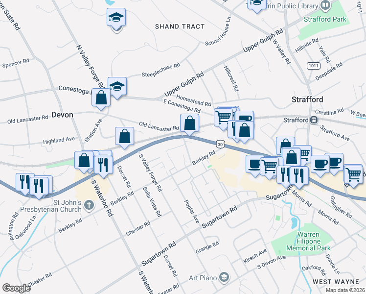 map of restaurants, bars, coffee shops, grocery stores, and more near 7 Lancaster Avenue in Devon