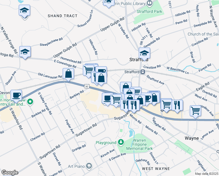 map of restaurants, bars, coffee shops, grocery stores, and more near 329 East Conestoga Road in Wayne