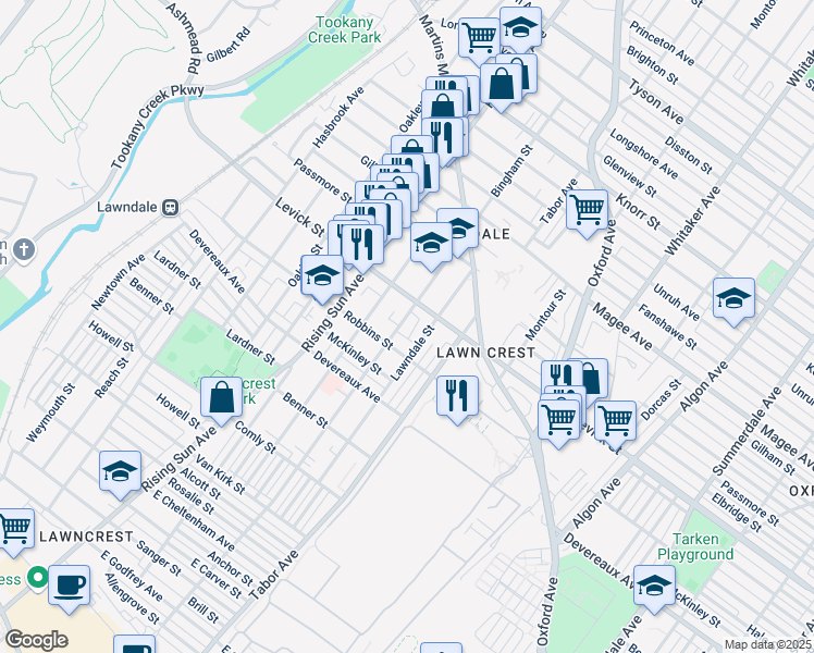 map of restaurants, bars, coffee shops, grocery stores, and more near 6321 Bingham Street in Philadelphia