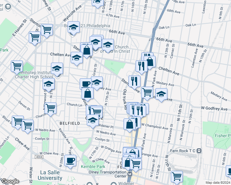 map of restaurants, bars, coffee shops, grocery stores, and more near 1604 West Godfrey Avenue in Philadelphia