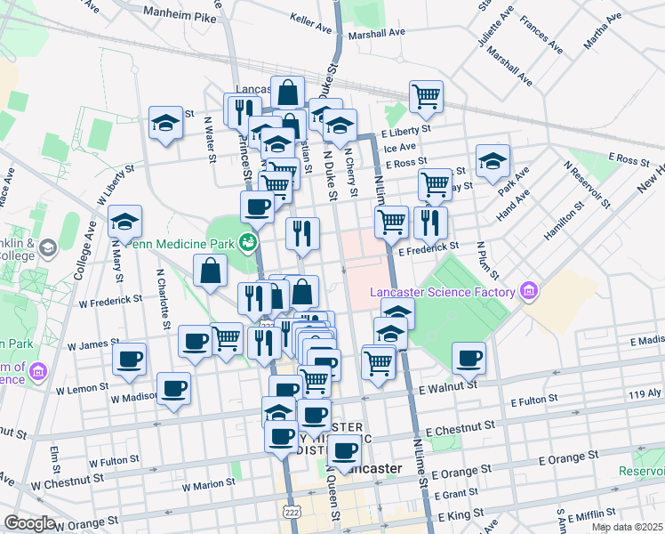 map of restaurants, bars, coffee shops, grocery stores, and more near 40 East Frederick Street in Lancaster