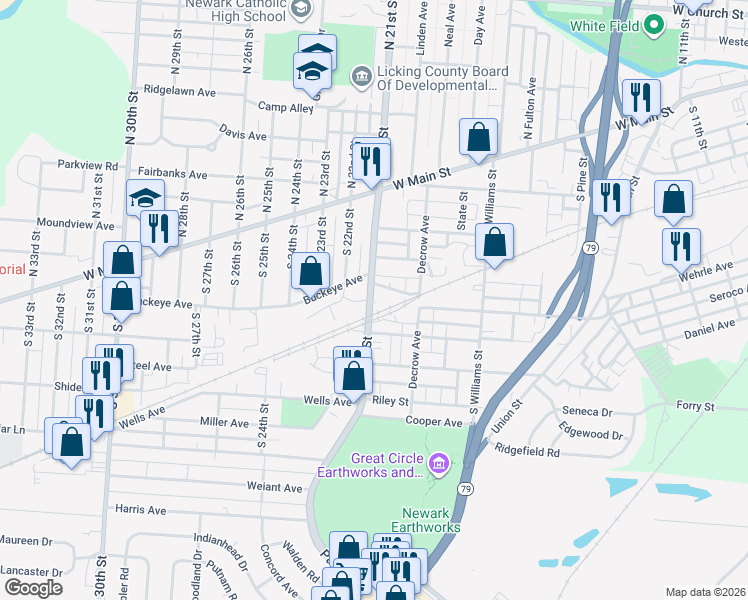 map of restaurants, bars, coffee shops, grocery stores, and more near 108 South 21st Street in Newark