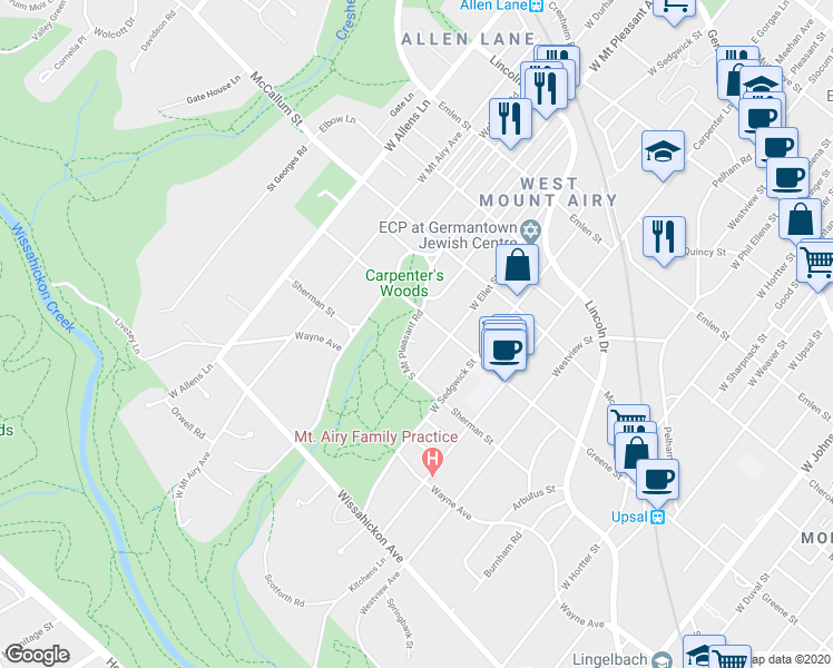map of restaurants, bars, coffee shops, grocery stores, and more near 7031 Marion Lane in Philadelphia