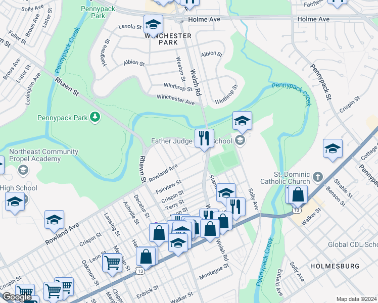 map of restaurants, bars, coffee shops, grocery stores, and more near 3235 Stanwood Street in Philadelphia