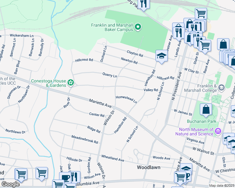 map of restaurants, bars, coffee shops, grocery stores, and more near 1321 Homestead Lane in Lancaster