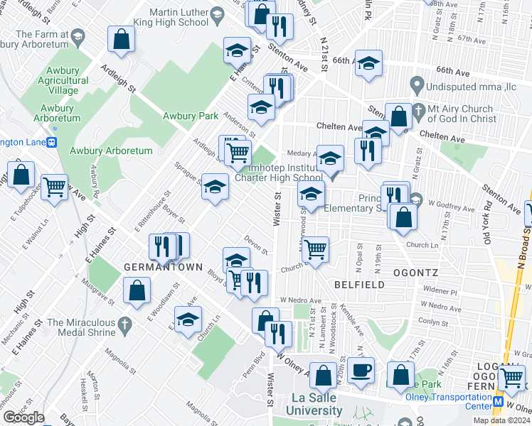 map of restaurants, bars, coffee shops, grocery stores, and more near 5520 Matthews Street in Philadelphia