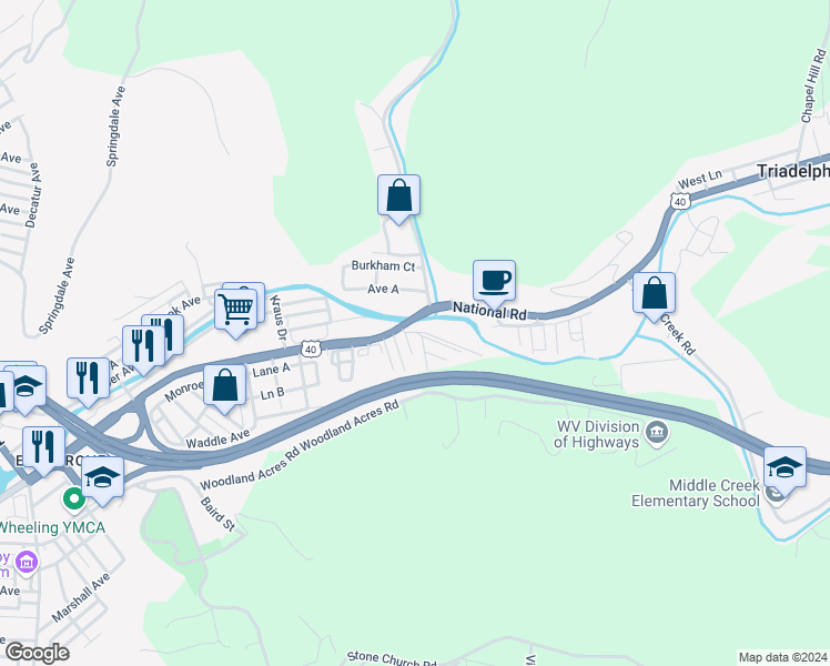 map of restaurants, bars, coffee shops, grocery stores, and more near 2698 Old National Road in Wheeling