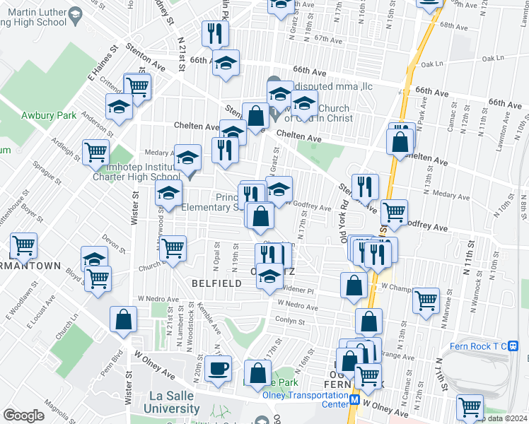 map of restaurants, bars, coffee shops, grocery stores, and more near 6143 Limekiln Pike in Philadelphia
