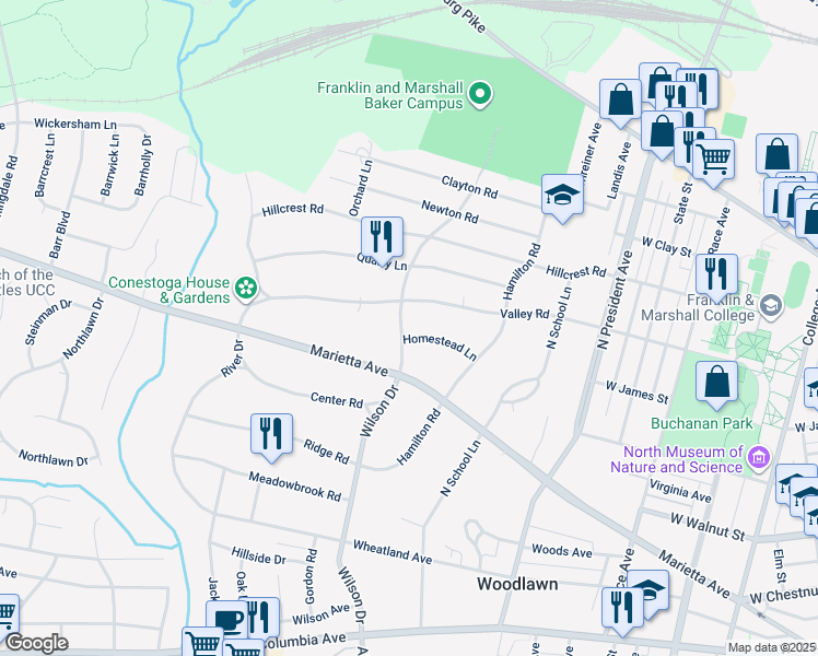 map of restaurants, bars, coffee shops, grocery stores, and more near 1321 Homestead Lane in Lancaster