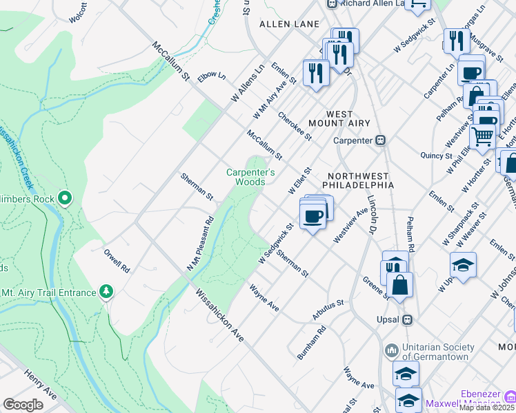 map of restaurants, bars, coffee shops, grocery stores, and more near 7031 Marion Lane in Philadelphia
