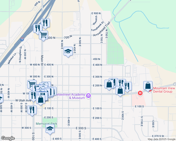 map of restaurants, bars, coffee shops, grocery stores, and more near 383 North 600 East in Payson