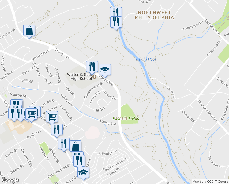 map of restaurants, bars, coffee shops, grocery stores, and more near 7018 Henry Avenue in Philadelphia
