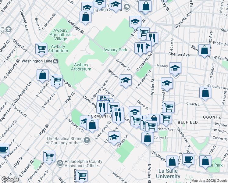 map of restaurants, bars, coffee shops, grocery stores, and more near 936 East Price Street in Philadelphia