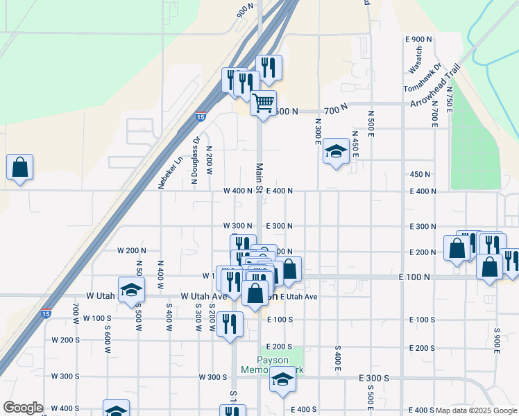 map of restaurants, bars, coffee shops, grocery stores, and more near 40 East 400 North in Payson